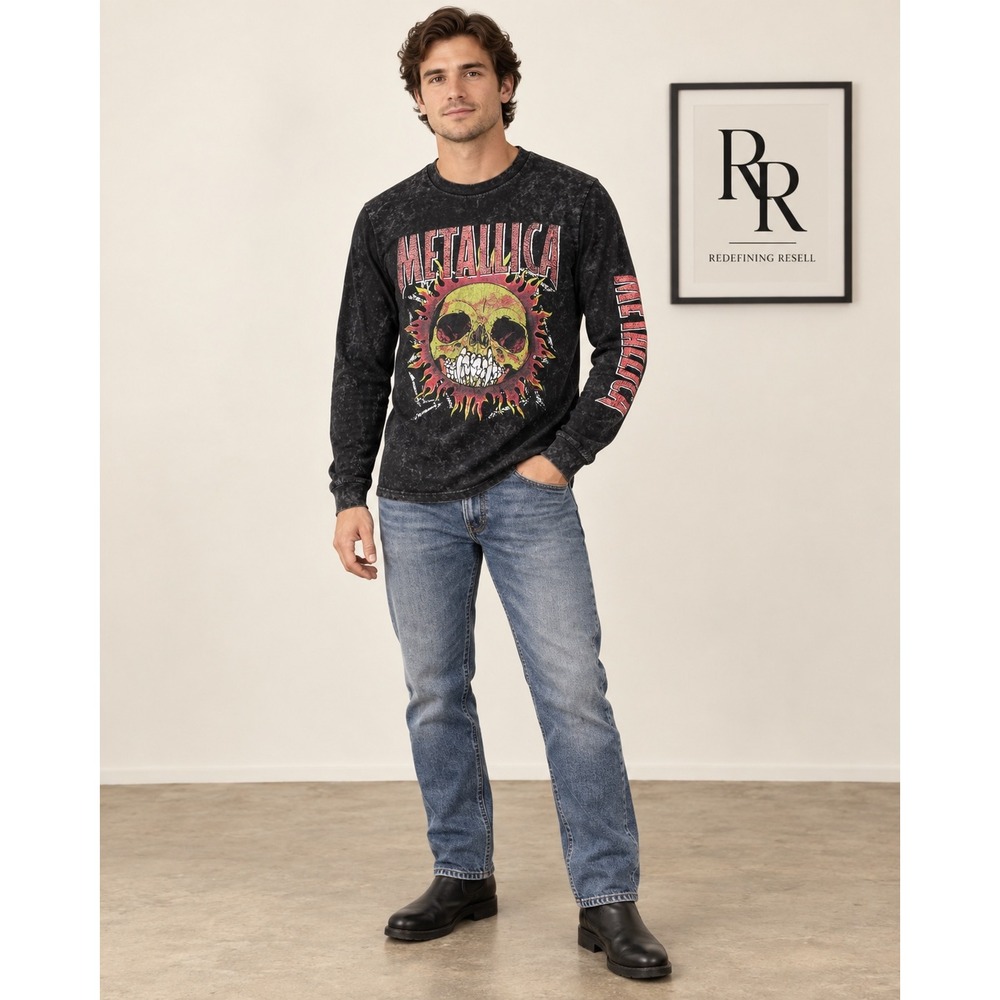 Metallica Long Sleeve Graphic T-Shirt Mens Medium Black Mineral Wash Skull Band